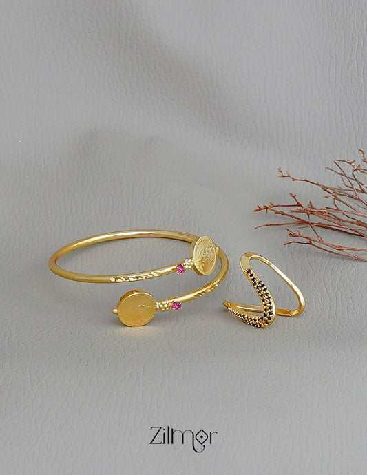 KY1011751 - Gold Plated Lakshmi coin Bangle with AD Vanki V- Shaped Ring Combo