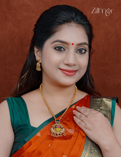 Lakshmi Pendant With Long Antique Necklace Earrings Set - KA1012370