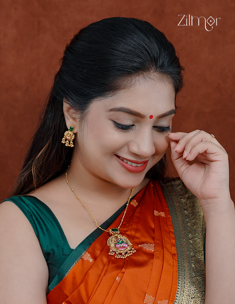 Lakshmi Meenakari Pendant With Long Antique Necklace Earrings Set- KA1012371