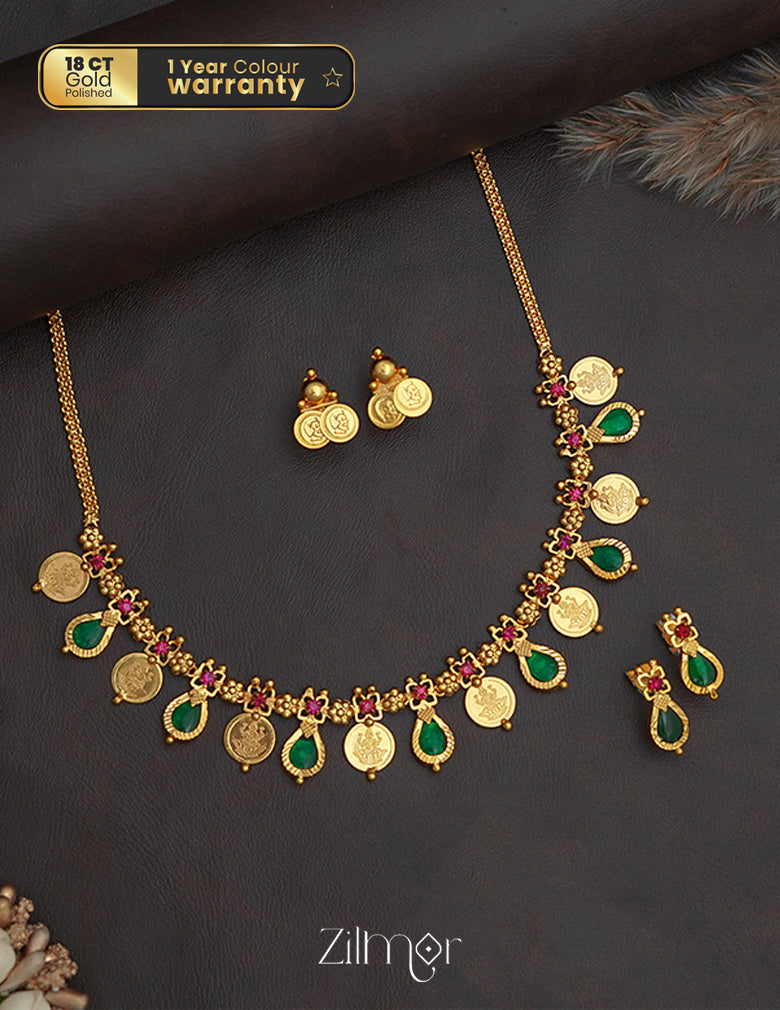 PP1011352 - Gold tone Lakshmi coin & Palakka Necklace with 2 Earrings set 2-Zilmor