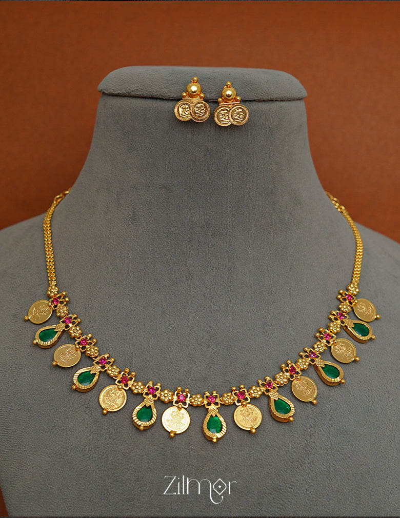 PP1011352 - Gold tone Lakshmi coin & Palakka Necklace with 2 Earrings set 4-Zilmor