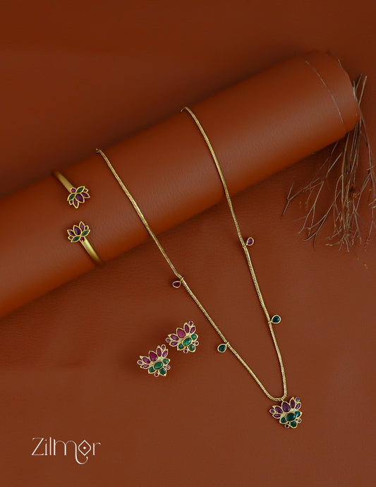 KY1011776 -   Antique Kemp Lotus Neckpiece Earrings Set & Lotus bangle Combo
