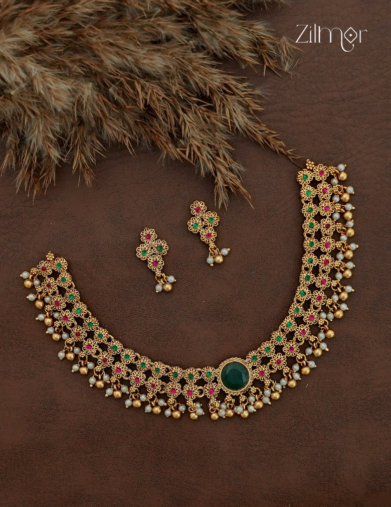 South Indian Antique Choker with Matching Earrings - NV1012701