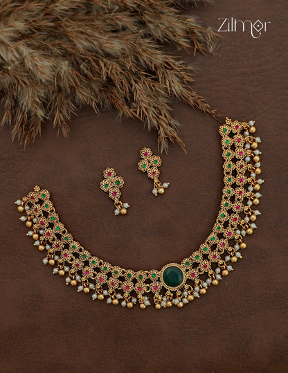 South Indian Antique Choker with Matching Earrings - NV1012701