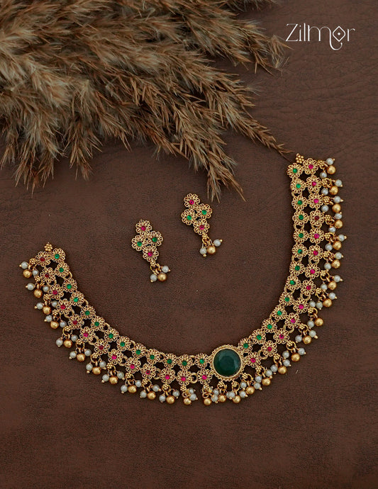 South Indian Antique Choker with Matching Earrings - NV1012701