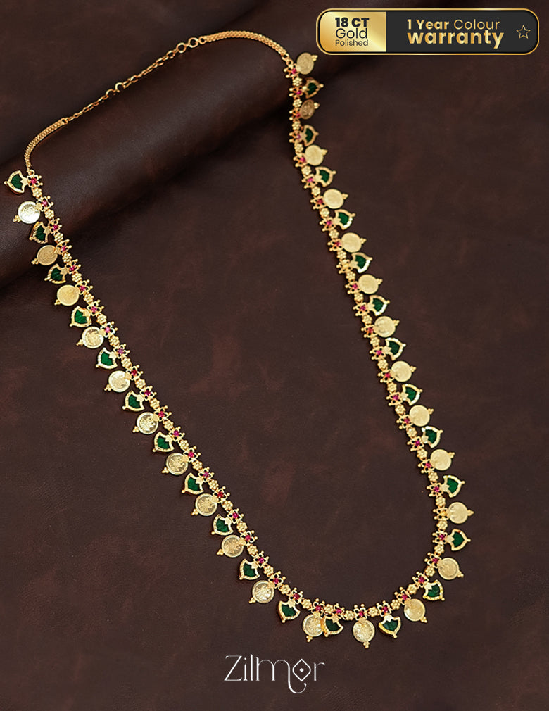 KY1011357 - Gold Plated Kaashu coin & Palakka Mala Long Necklace 1-Zilmor