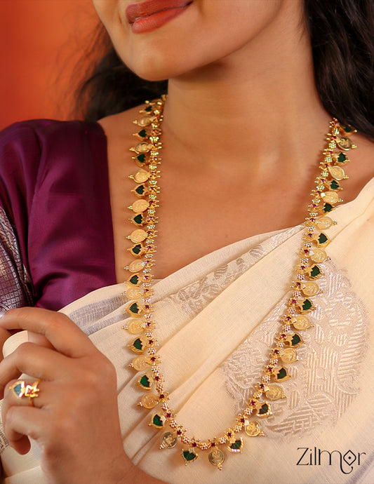 KY1011357 - Gold Plated Kaashu coin & Palakka Mala Long Necklace
