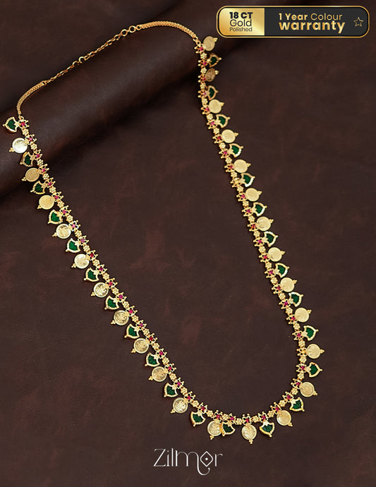 KY1011357 - Gold Plated Kaashu coin & Palakka Mala Long Necklace