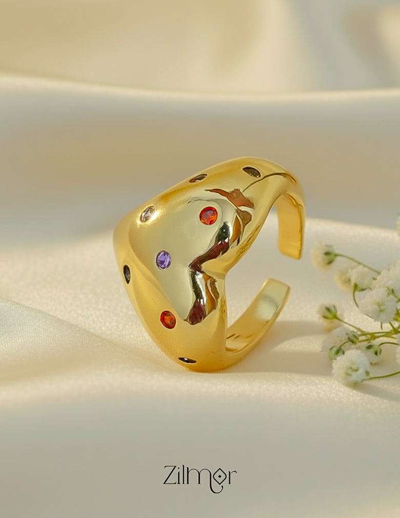 ZC1012059-Heart-Shaped Multi-Stone Studded Ring – Luxury Adjustable | 18K Gold Plated Stainless Steel | Anti Tarnish