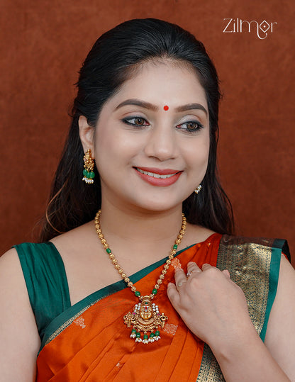 Shanku Chakra Perumal Pendant Long Necklace Earrings Set - KA1012367