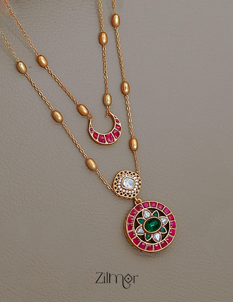 KH1011382 - Moissanite Stone& Jadau Kemp Double Layer Necklace with Earrings 3-Zilmor