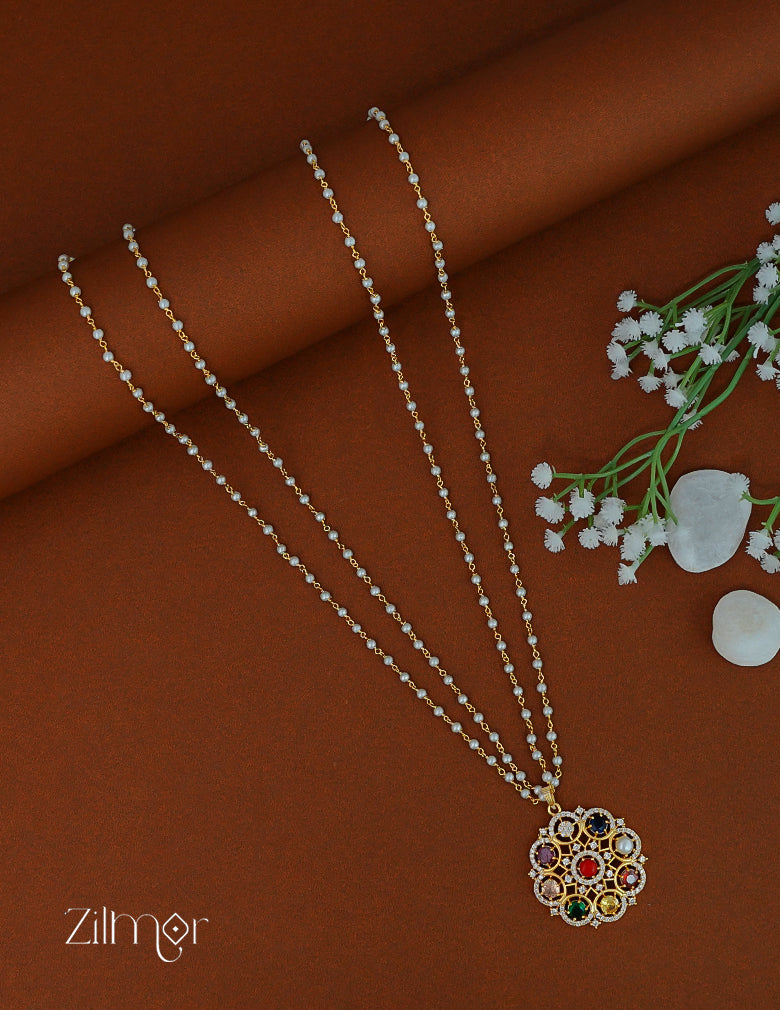 KY1011958 -  Premium Pearl Necklace with Navaratna Stones Pendant 1-Zilmor