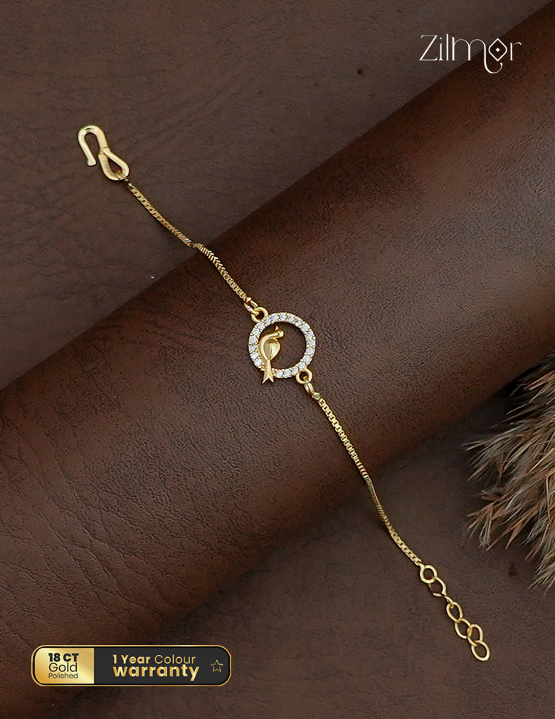 Zilmor 18K gold plated bird bracelet with circular AD stone frame, slender chain and extension links