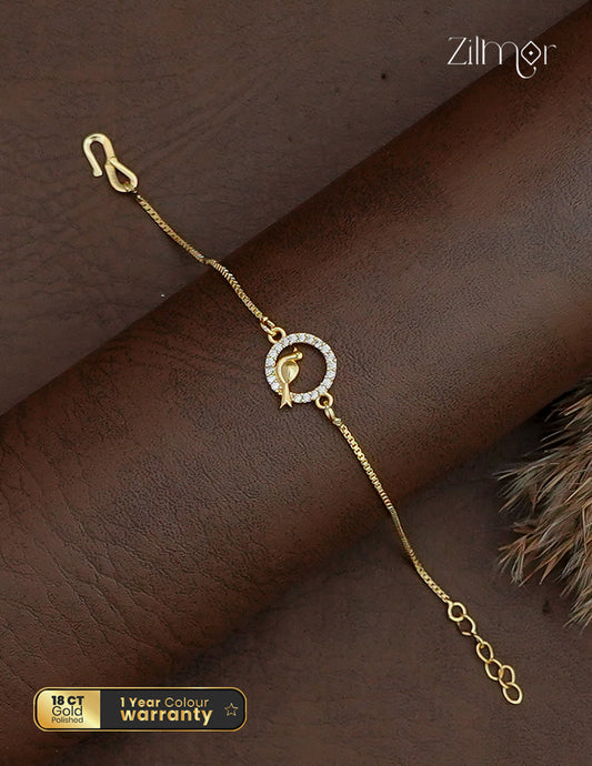 Zilmor 18K gold plated bird bracelet with circular AD stone frame, slender chain and extension links