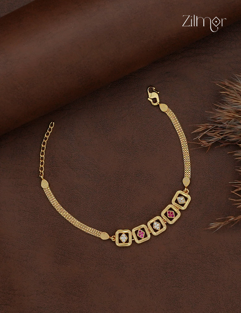 18K Gold Plated AD Stone Chain Bracelet close-up showing ruby and clear stone links