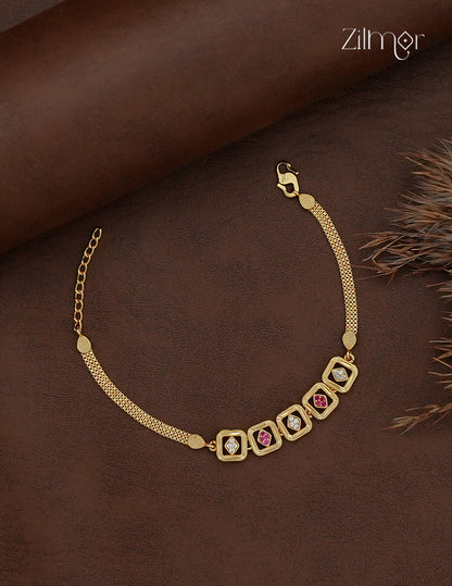 18K Gold Plated AD Stone Chain Bracelet close-up showing ruby and clear stone links