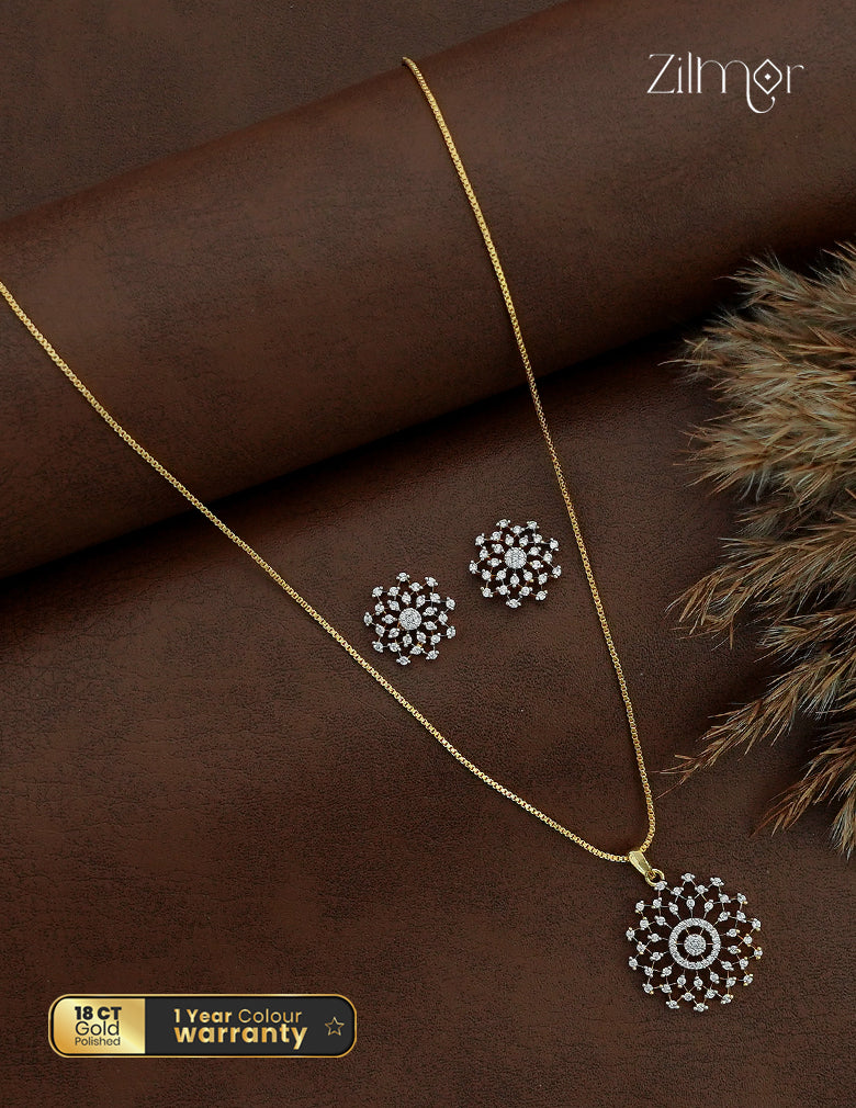 18K Gold Plated AD Stone Floral Pendant Necklace & Earrings Set - AD1012643