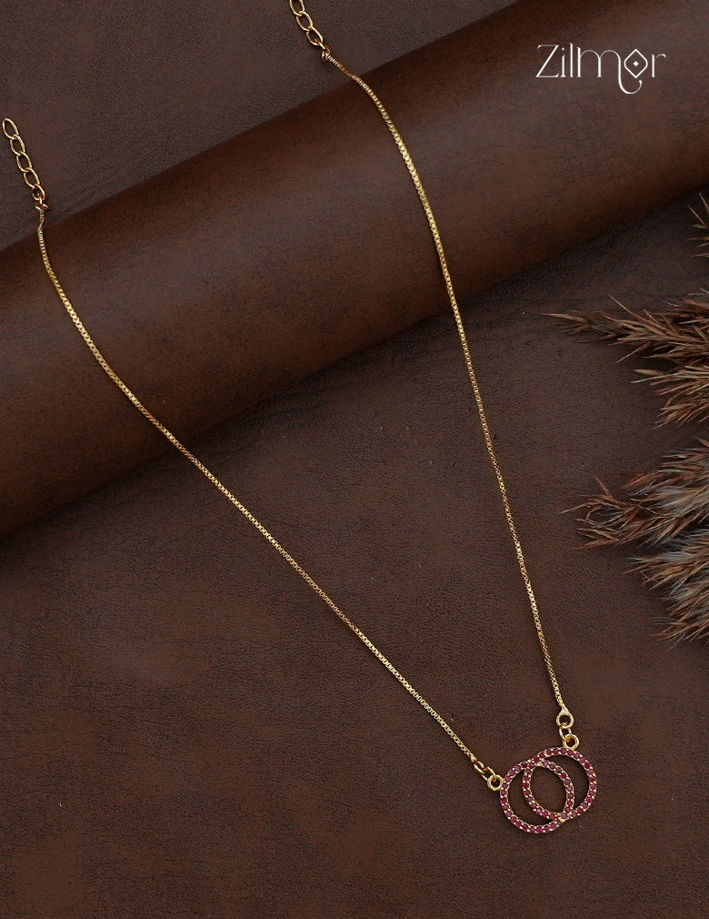 Gold plated chain necklace with pink AD stone interlocking circle pendant