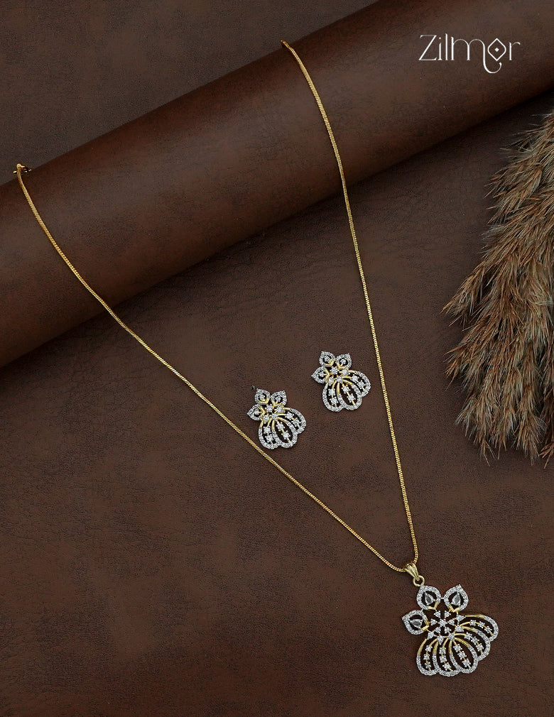 18K Gold Plated AD Stone Pendant Chain Necklace & Earring Set - AF1012950