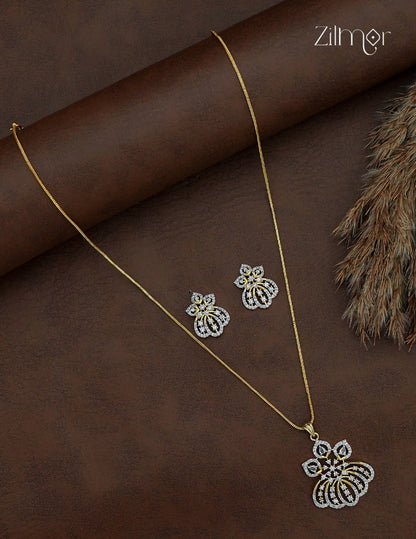 18K Gold Plated AD Stone Pendant Chain Necklace & Earring Set - AF1012950