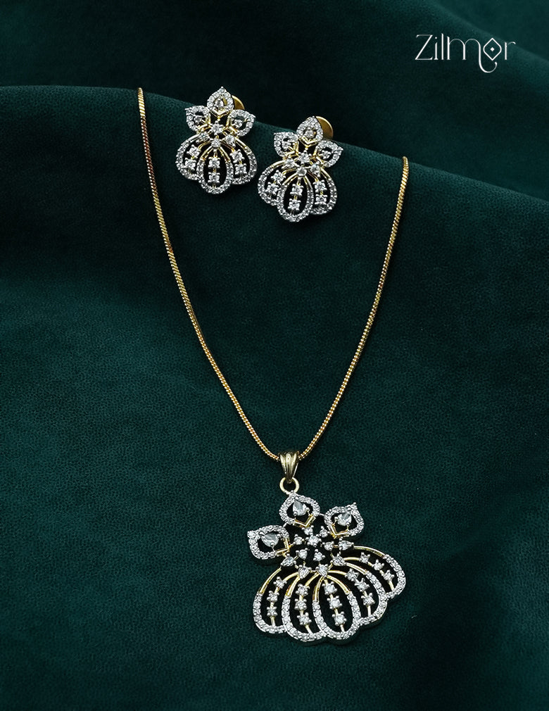 18K Gold Plated AD Stone Pendant Chain Necklace & Earring Set - AF1012950