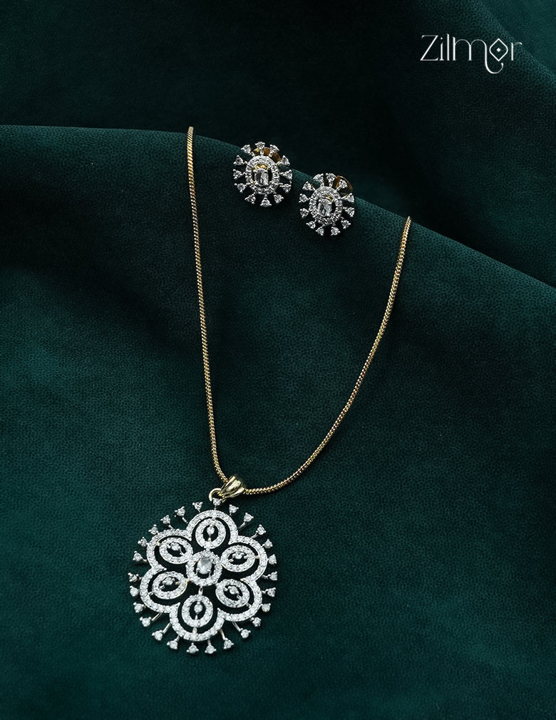 18K Gold Plated AD Stone Pendant Chain Necklace & Earring Set - AF1012951