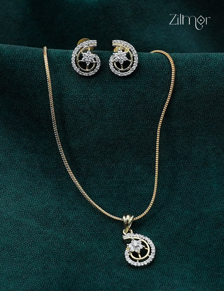18K Gold Plated AD Stone Pendant Chain Necklace & Earring Set - AF1012996
