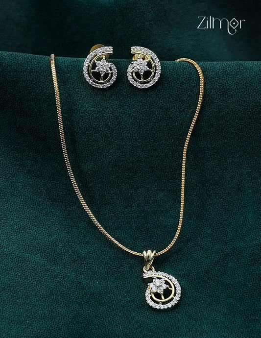 18K Gold Plated AD Stone Pendant Chain Necklace & Earring Set - AF1012996