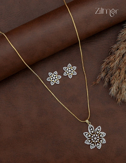 18K Gold Plated AD Stone Pendant Chain Necklace & Earring Set  - AF1012998