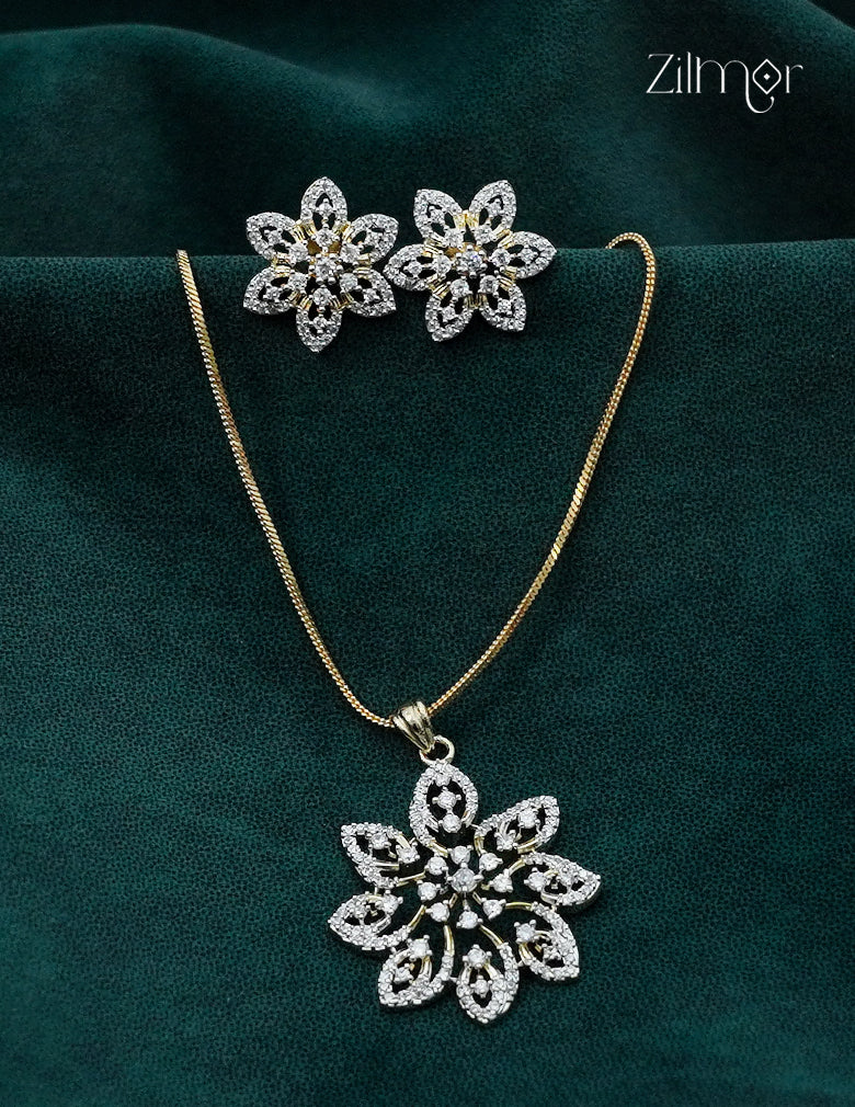 18K Gold Plated AD Stone Pendant Chain Necklace & Earring Set  - AF1012998