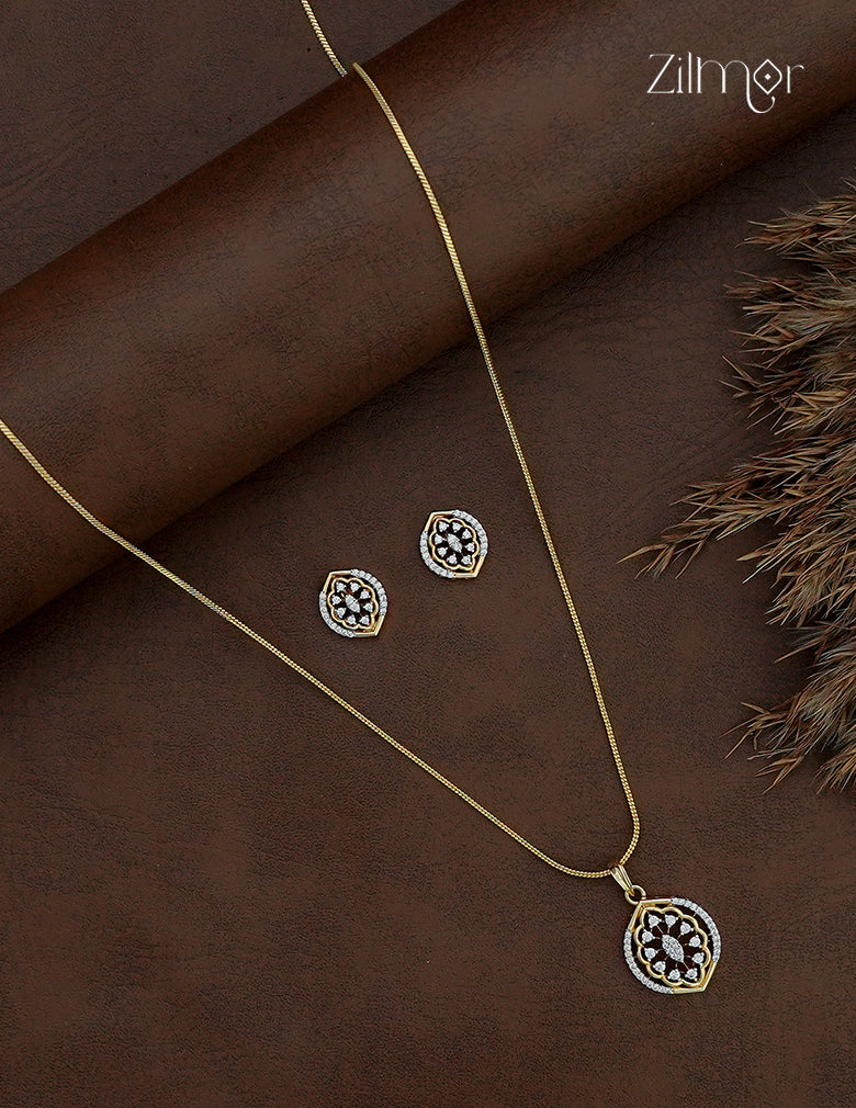 18K Gold Plated AD Stone Pendant Chain Necklace & Earring Set  - AH1012911