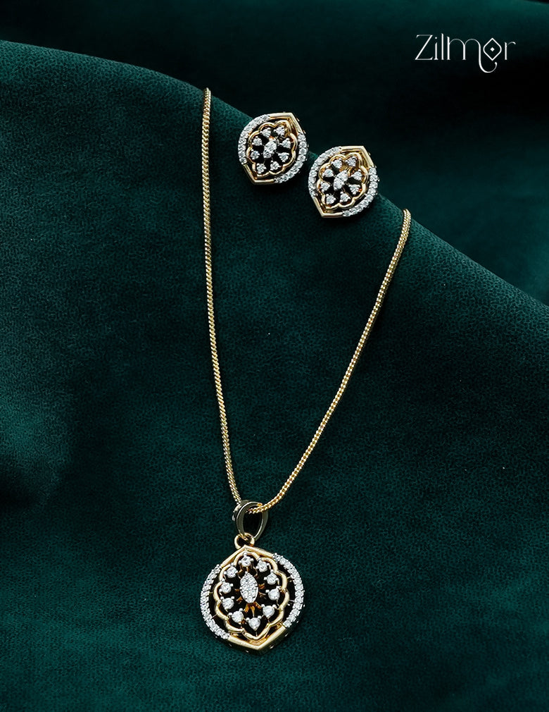 18K Gold Plated AD Stone Pendant Chain Necklace & Earring Set  - AH1012911
