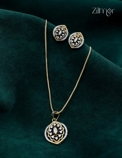 18K Gold Plated AD Stone Pendant Chain Necklace & Earring Set  - AH1012911