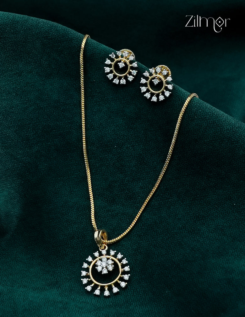 18K Gold Plated AD Stone Pendant Chain Necklace & Earring Set  - AH1012912