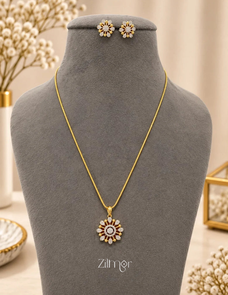 18K Gold Plated AD Stone Pendant Chain Necklace & Earring Set - AH1012915