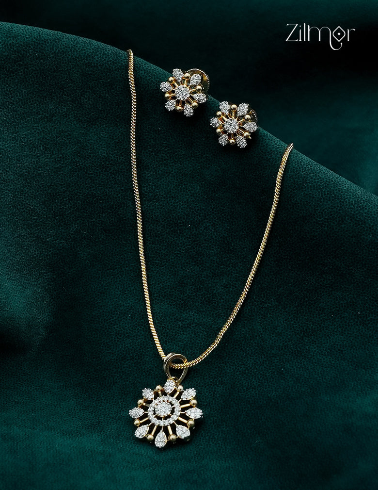 18K Gold Plated AD Stone Pendant Chain Necklace & Earring Set - AH1012915