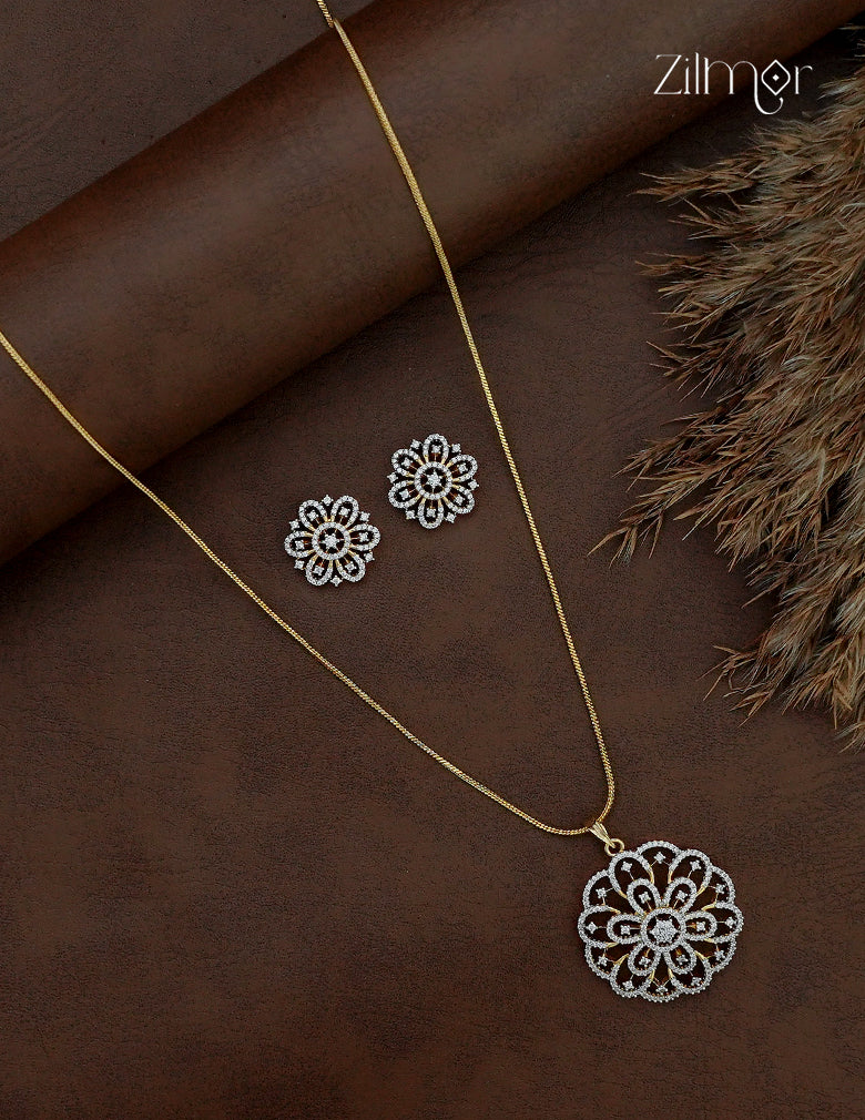 18K Gold Plated AD Stone Pendant Chain Necklace & Earring Set  - AH1012916