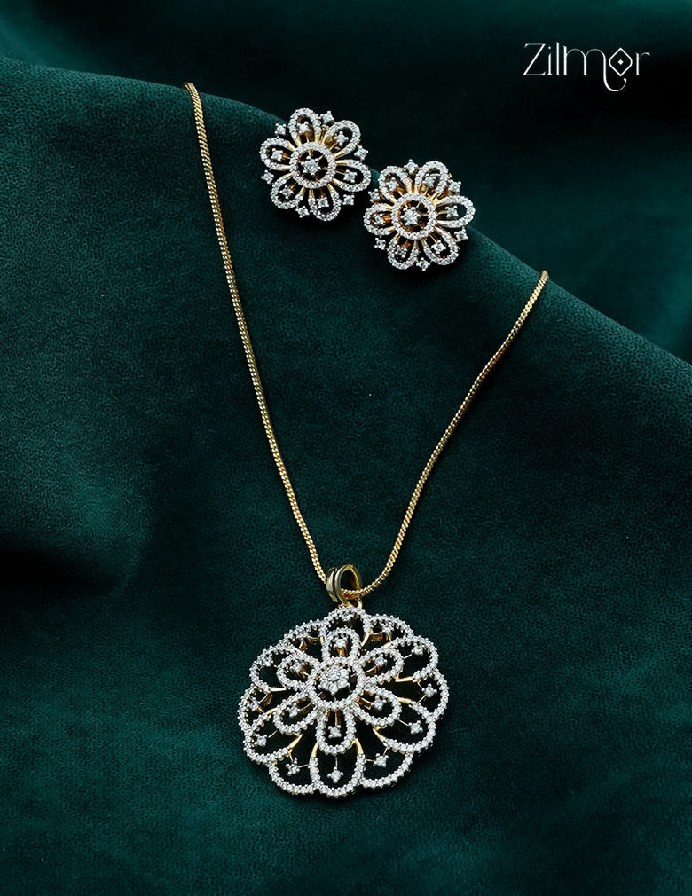 18K Gold Plated AD Stone Pendant Chain Necklace & Earring Set  - AH1012916