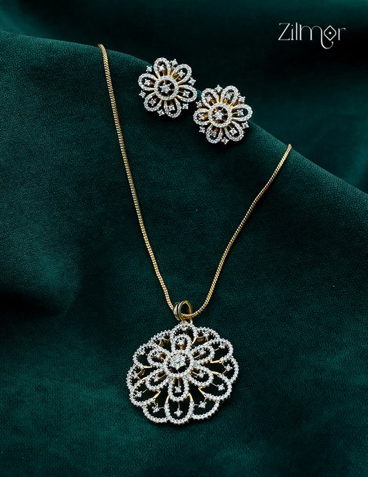 18K Gold Plated AD Stone Pendant Chain Necklace & Earring Set  - AH1012916