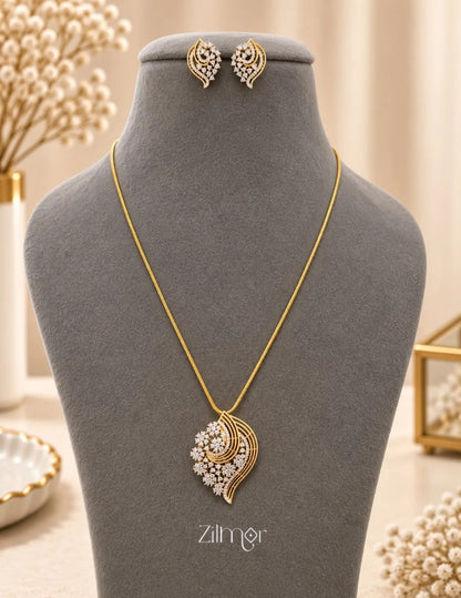 18K Gold Plated AD Stone Pendant Chain Necklace & Earring Set - AH1012917