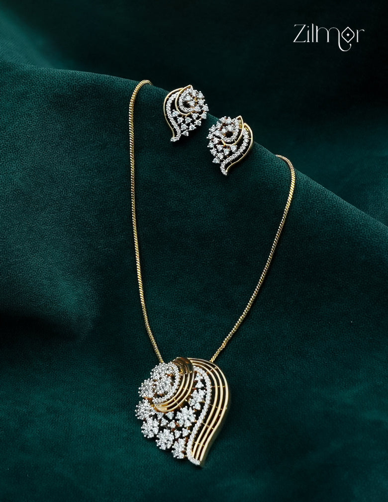 18K Gold Plated AD Stone Pendant Chain Necklace & Earring Set - AH1012917