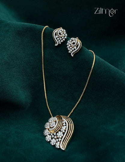 18K Gold Plated AD Stone Pendant Chain Necklace & Earring Set - AH1012917