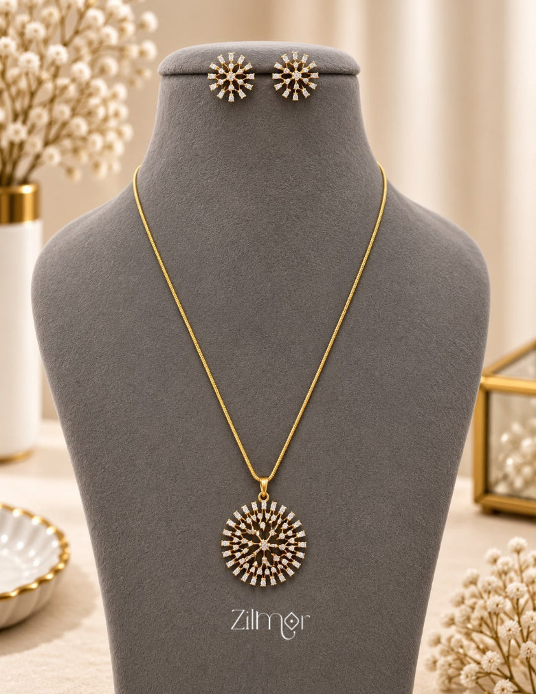 18K Gold Plated AD Stone Pendant Chain Necklace & Earring Set - AH1012918