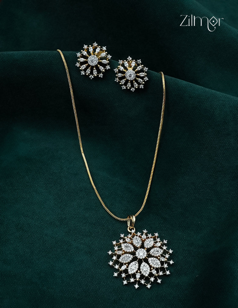 18K Gold Plated AD Stone Pendant Chain Necklace & Earring Set - AH1012966