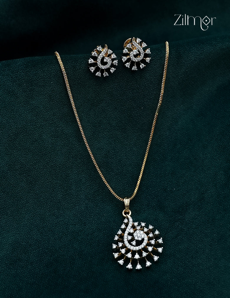 18K Gold Plated AD Stone Pendant Chain Necklace & Earring Set - AH1012974