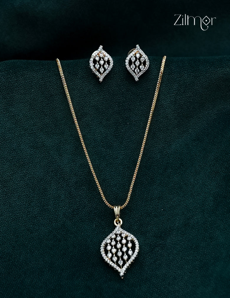18K Gold Plated AD Stone Pendant Chain Necklace & Earring Set - AH1012975
