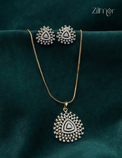 18K Gold Plated AD Stone Pendant Chain Necklace & Earring Set - AH1013107