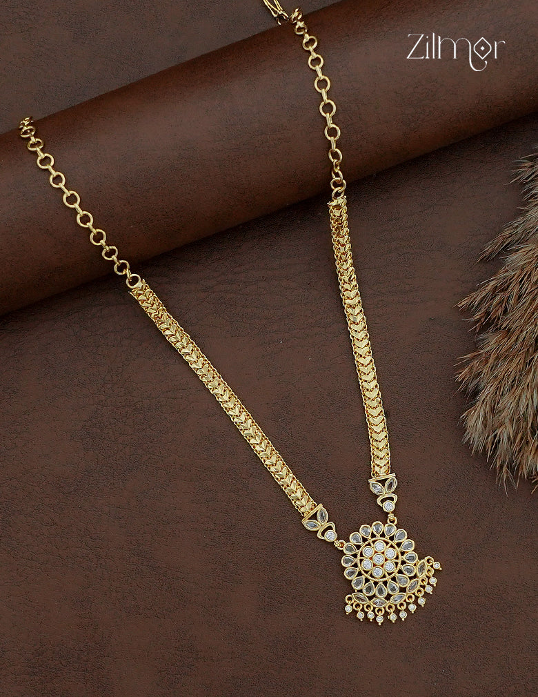 Gold plated pendant choker necklace with textured strands and dangling floral AD stone pendant, alternate view