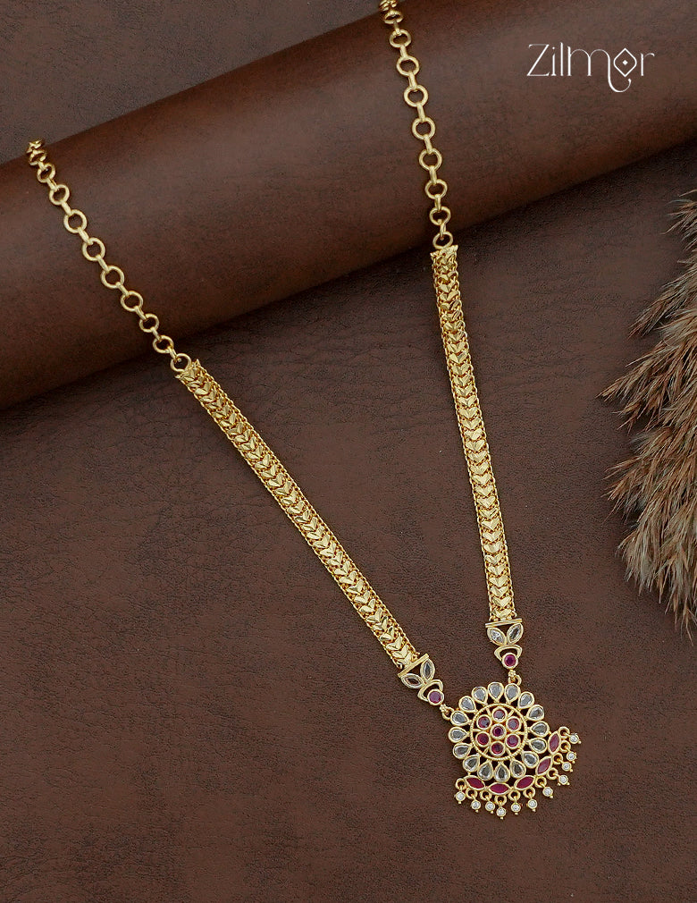 18K gold plated AD stone choker necklace with round floral pendant and coloured accents, front view