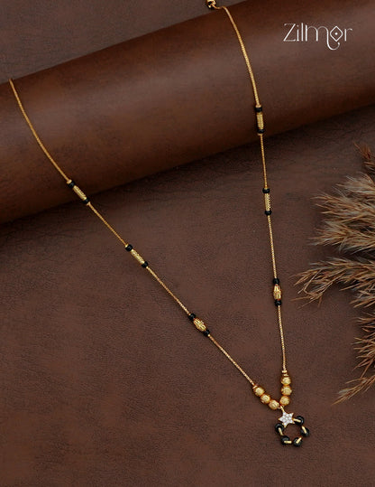 18K gold plated simple mangalsutra necklace with spaced black beads and dark pendant with AD stone accent